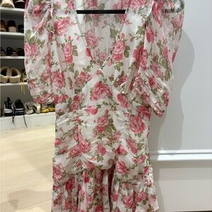 Women’s Love Shack Fancy pink floral silk vneck dress size 2